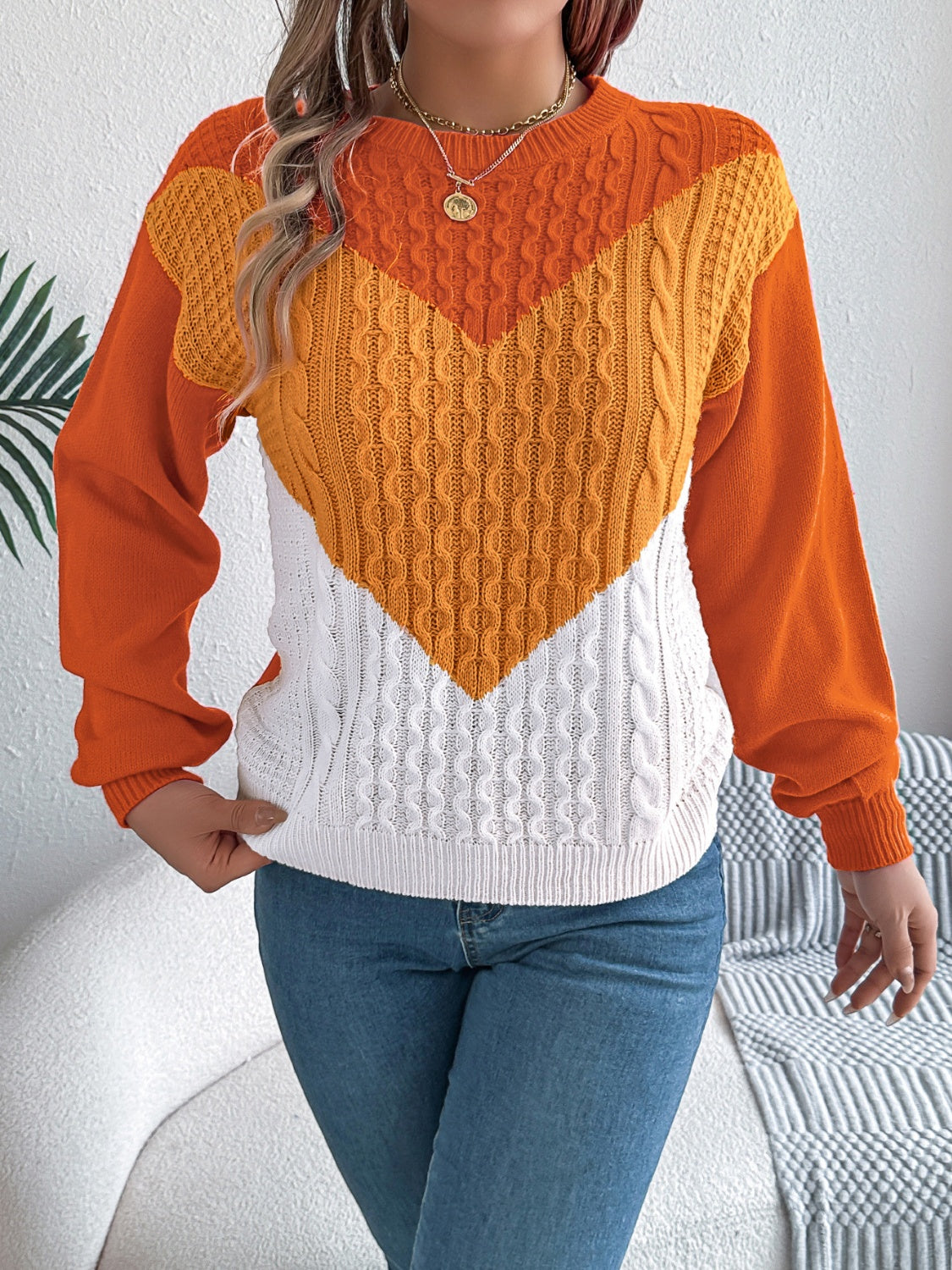 Contrast Round Neck Long Sleeve Sweater