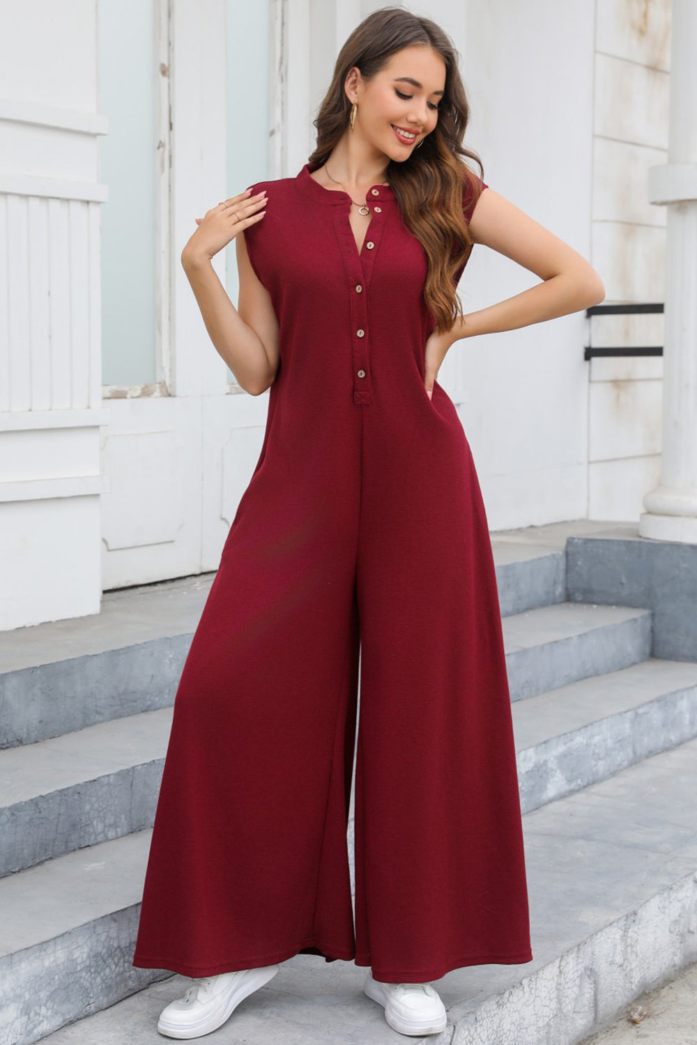 Half Button Wide Leg Jumpsuit with Pockets