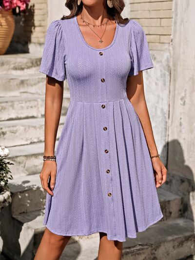 Decorative Button Scoop Neck Short Sleeve Dress