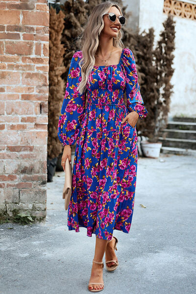 Printed Balloon Sleeve Midi Dress