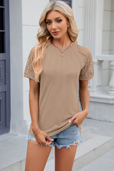 Openwork Round Neck Short Sleeve T-Shirt