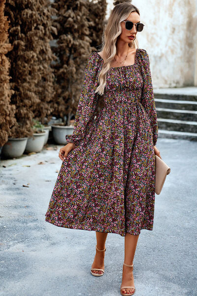 Printed Balloon Sleeve Midi Dress