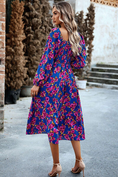 Printed Balloon Sleeve Midi Dress