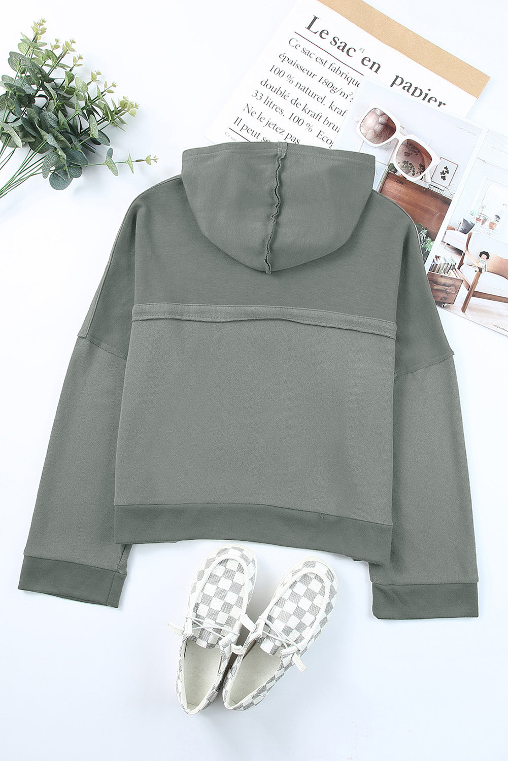 Quarter-Button Exposed Seam Dropped Shoulder Hoodie